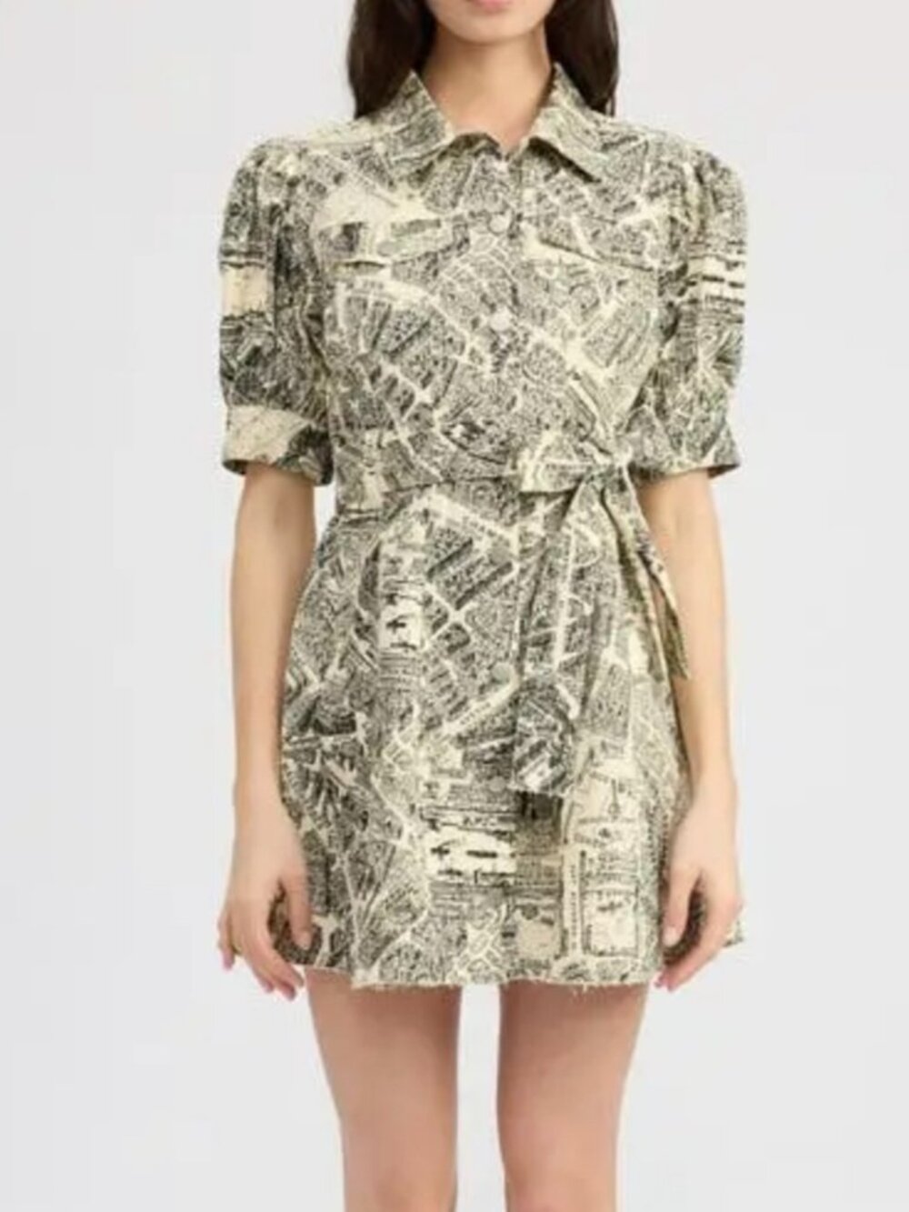 En Saison NWOT Adira Belted Shirtdress Denim Tie  Mini Dress Parisian map small